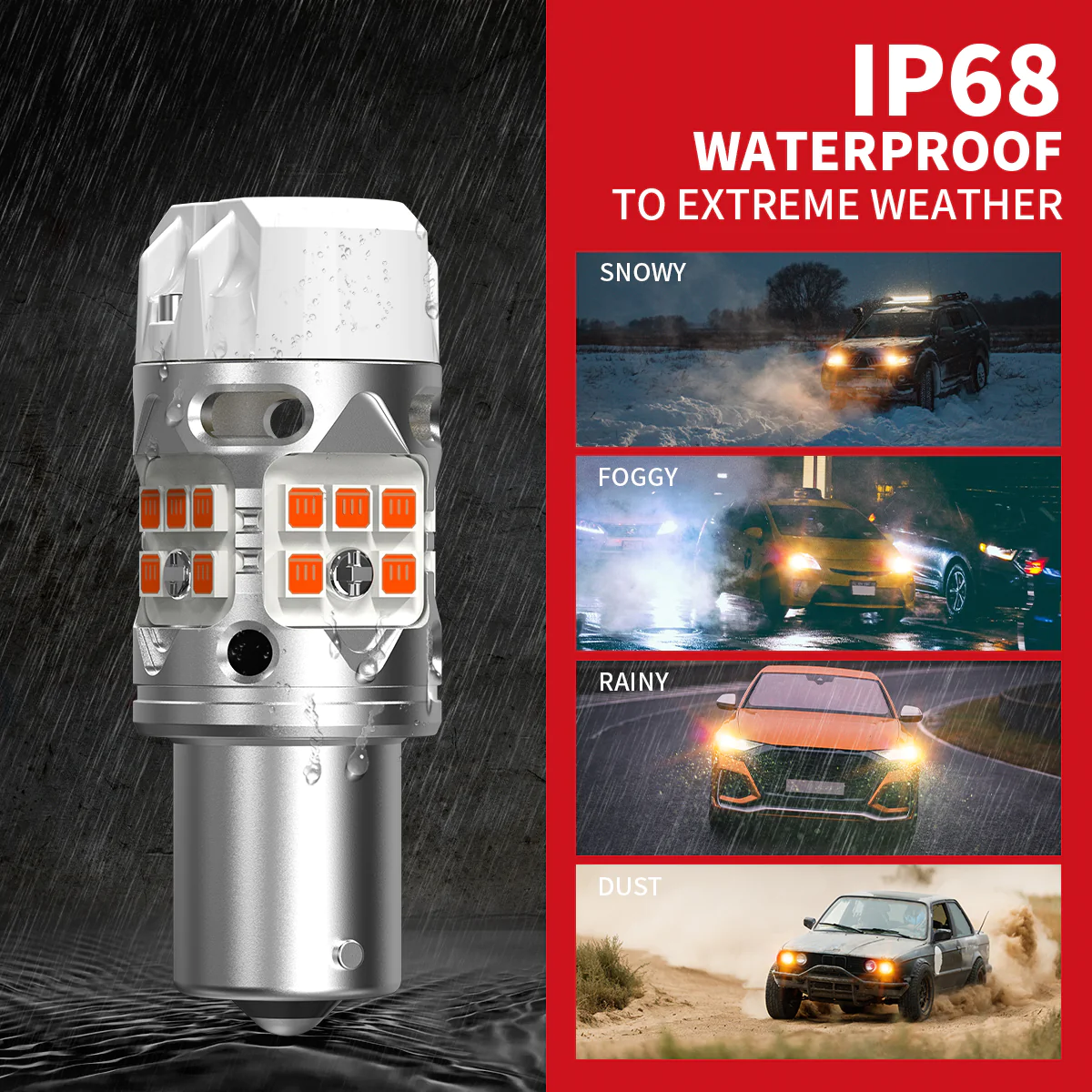 7440 amber LED turn signal bulb — IP68 weather sealed