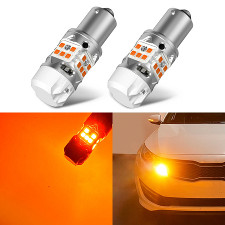 7440 amber LED turn signal bulb — amber lit on car